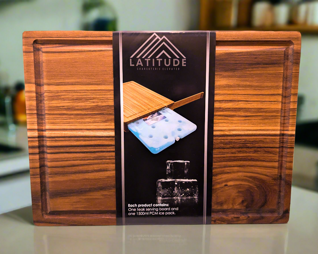 Latitude Board® Teak Charcuterie Board with Built-In Cooling System (Includes Ice Pack). 15in x 11in