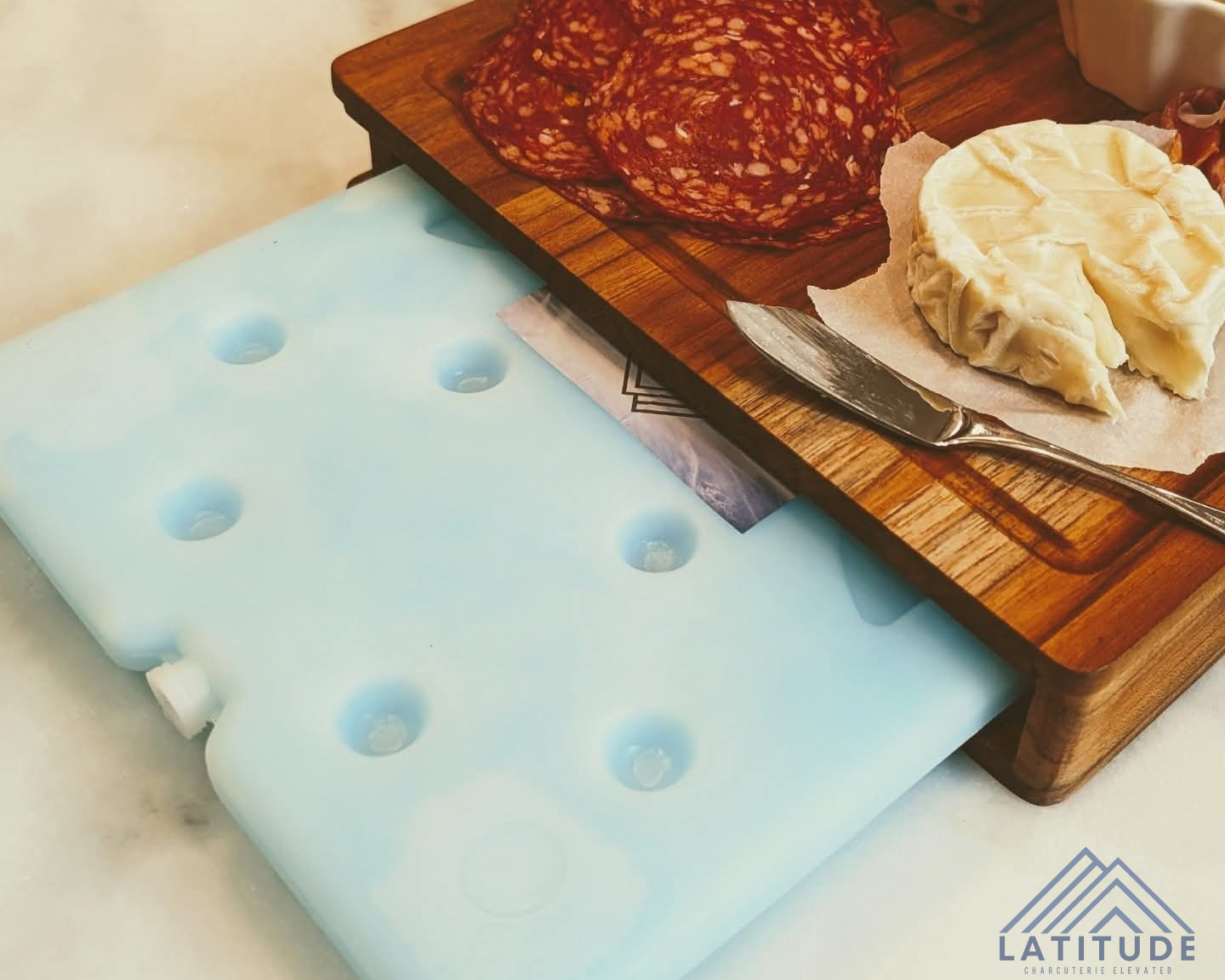 Latitude Board® Teak Charcuterie Board with Built-In Cooling System (Includes Ice Pack). 15in x 11in