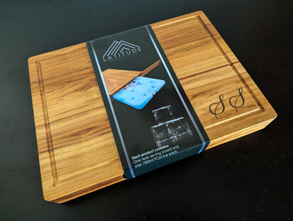 Teak Latitude Board 15x11.5in with Personalized Engraving (+$25).  Estimated delivery 2-3 weeks.