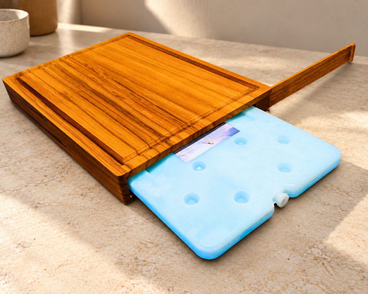 Latitude Board® Teak Charcuterie Board with Built-In Cooling System (Includes Ice Pack). 15in x 11in