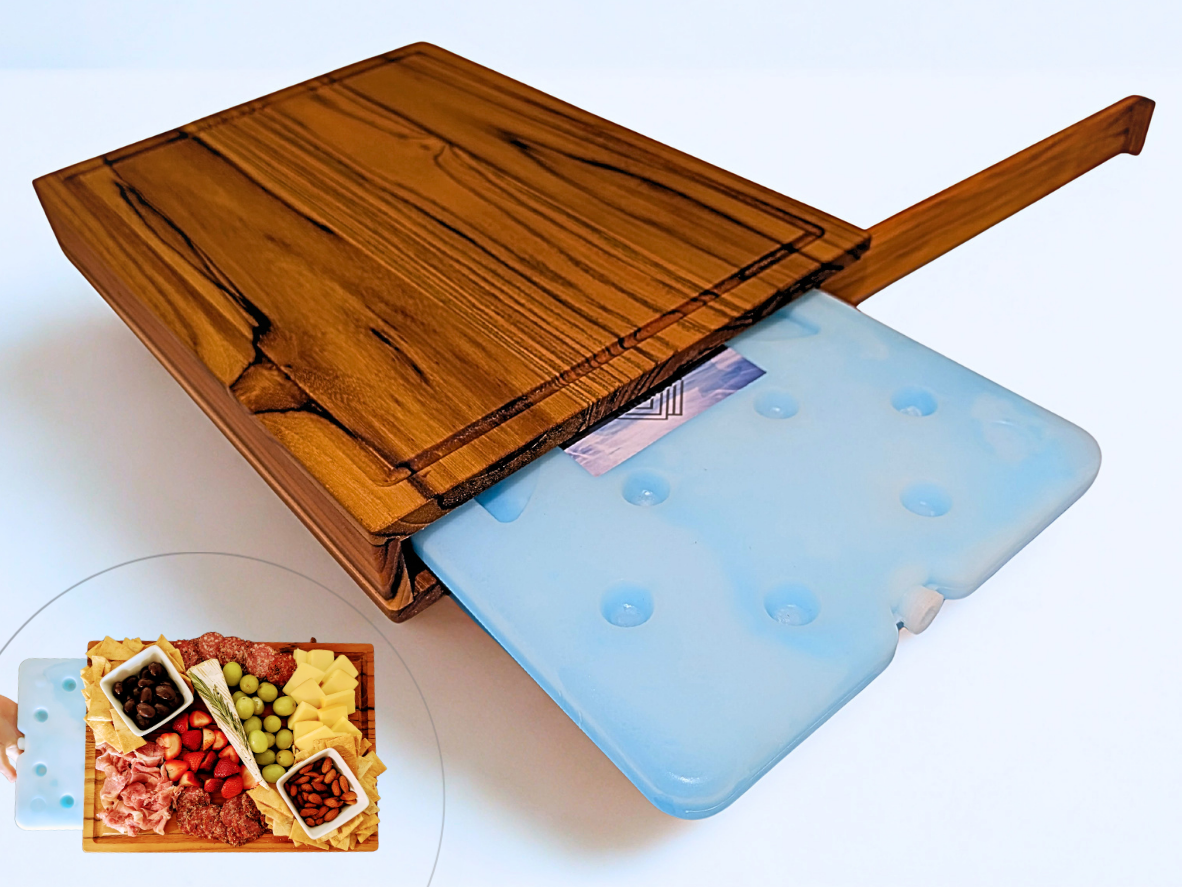 Latitude Board® Teak Charcuterie Board with Built-In Cooling System (Includes Ice Pack). 15in x 11in