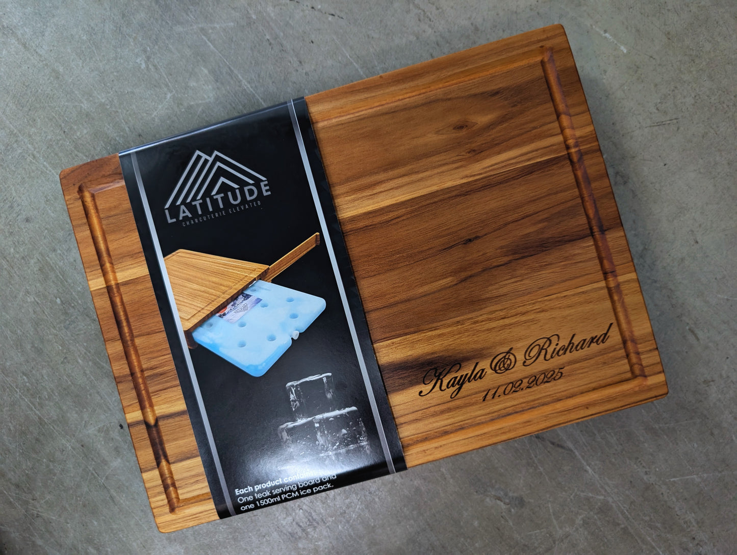 Teak Latitude Board 15x11.5in with Personalized Engraving (+$25).  Estimated delivery 2-3 weeks.