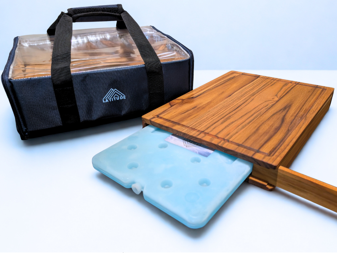 Latitude Board® Teak Charcuterie Board with Built-In Cooling System (Includes Ice Pack). 15in x 11in