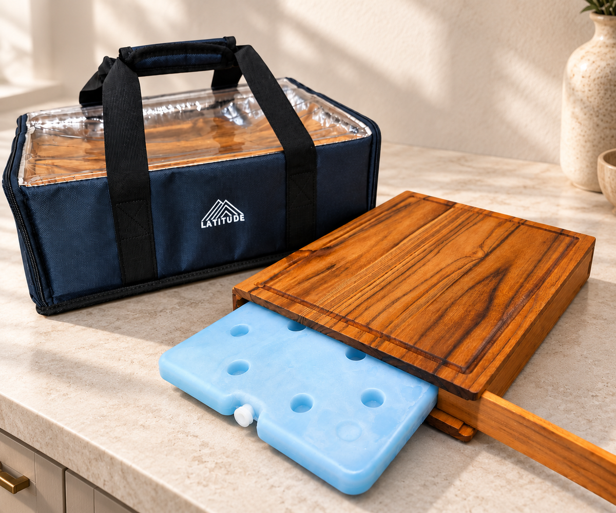 Latitude Board® Teak Charcuterie Board with Built-In Cooling System (Includes Ice Pack). 15in x 11in